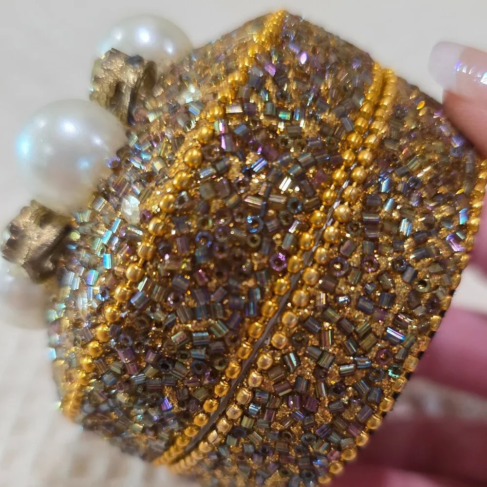 Vintage Gold Bead Pearl & Rhinestone Encrusted Metal Trinket Gift Vanity Box